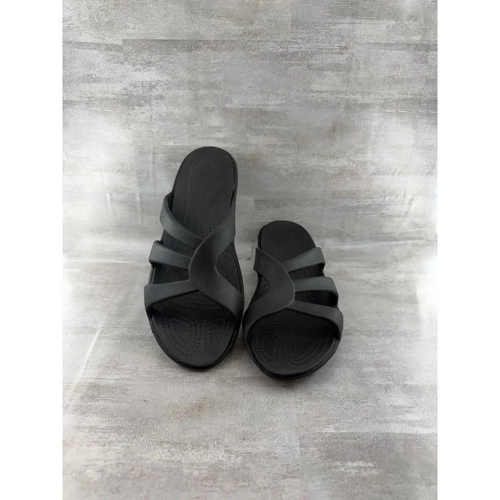 Crocs Meleen Twist Black Strappy Wedge Slide Sandals Women Sz 9 204010